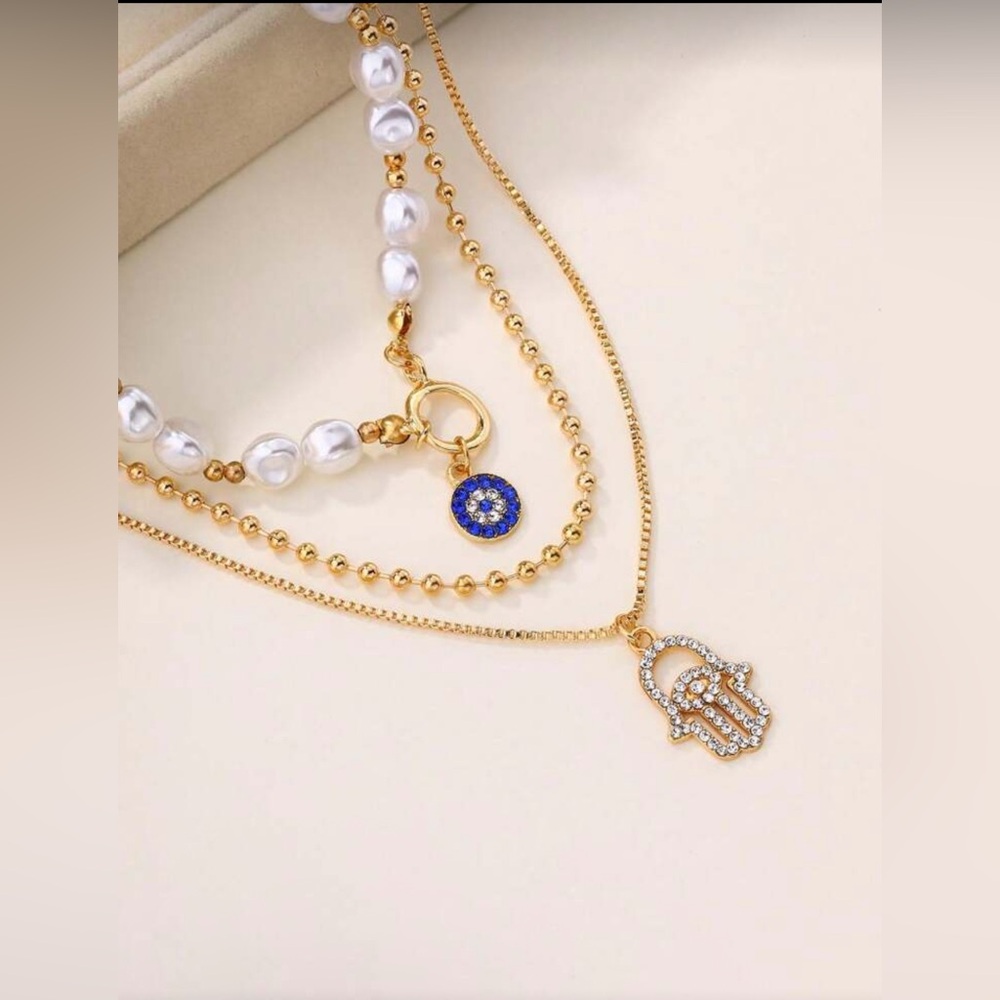 Gold Tone Hamsa Pendant 1pc layered Necklace | Evil Eye Protection Jewelry - Picture 3 of 4